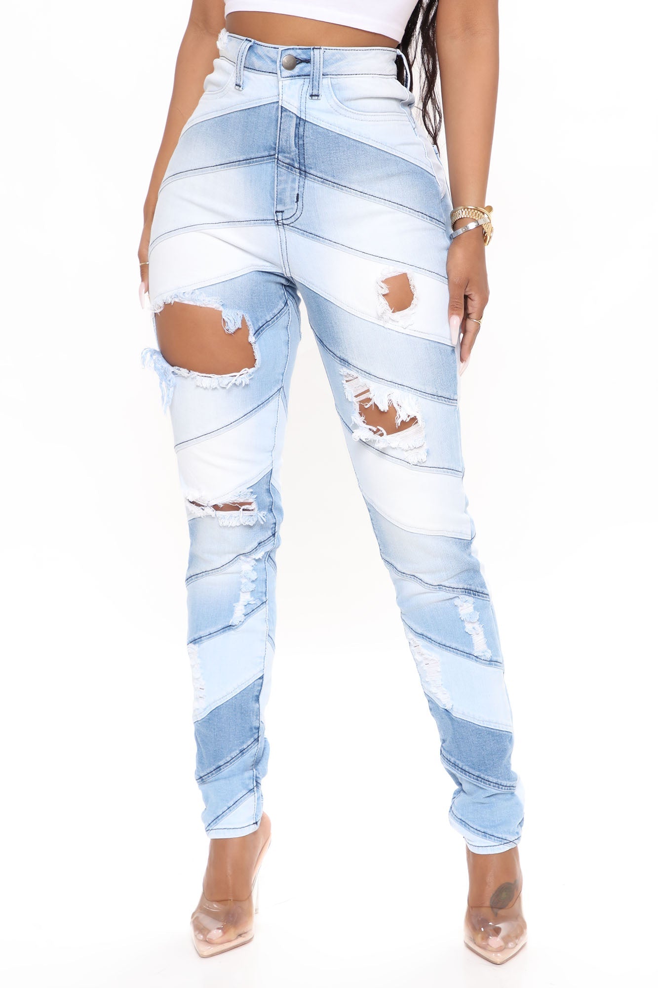 Let's Go To The Moon Patchwork Skinny Jeans - Light Blue Wash