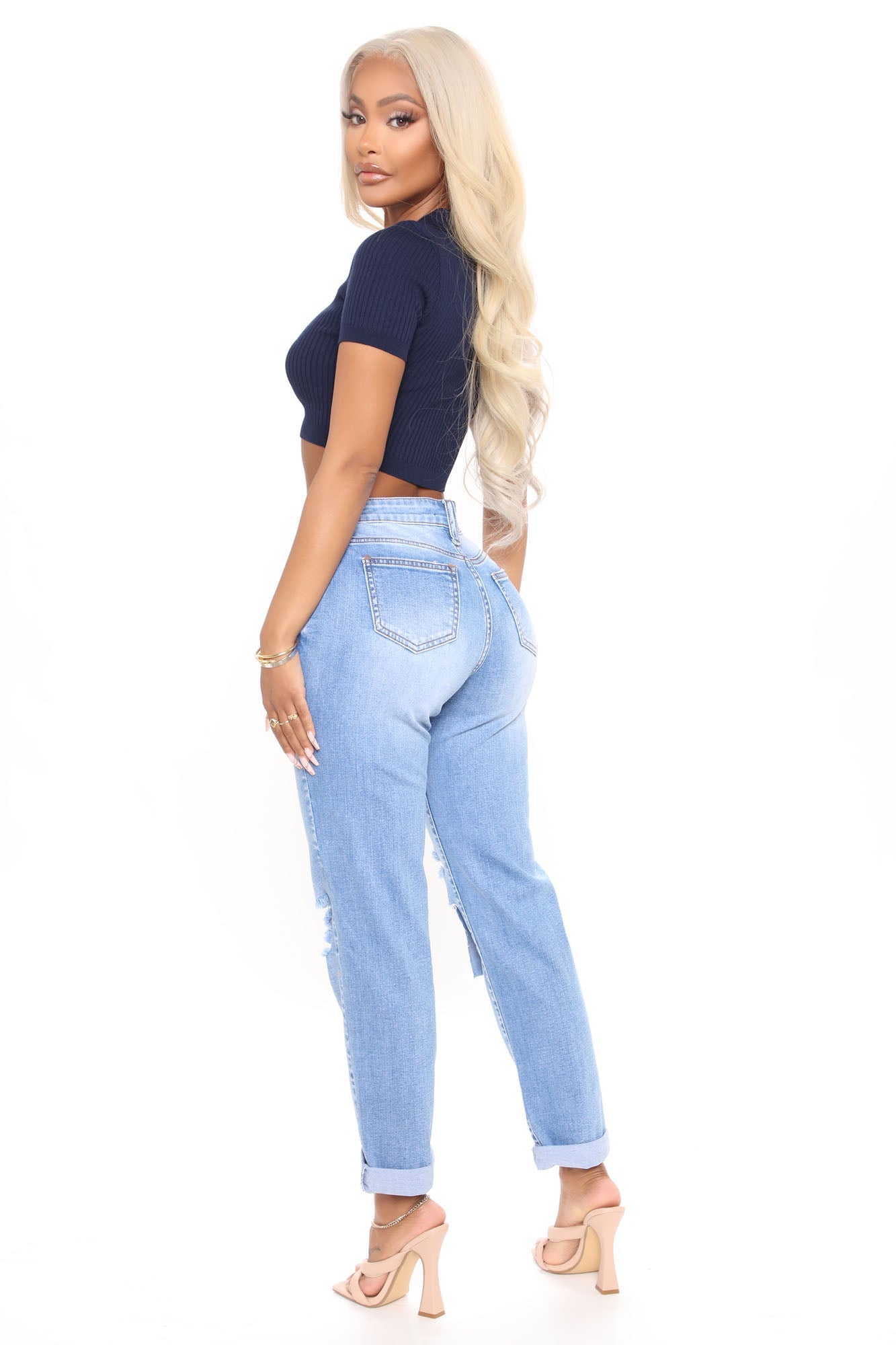 On My Own Ripped Girlfriend Jeans - Medium Blue Wash
