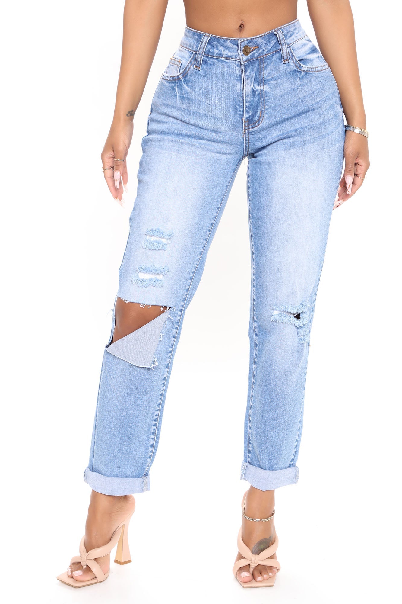 On My Own Ripped Girlfriend Jeans - Medium Blue Wash