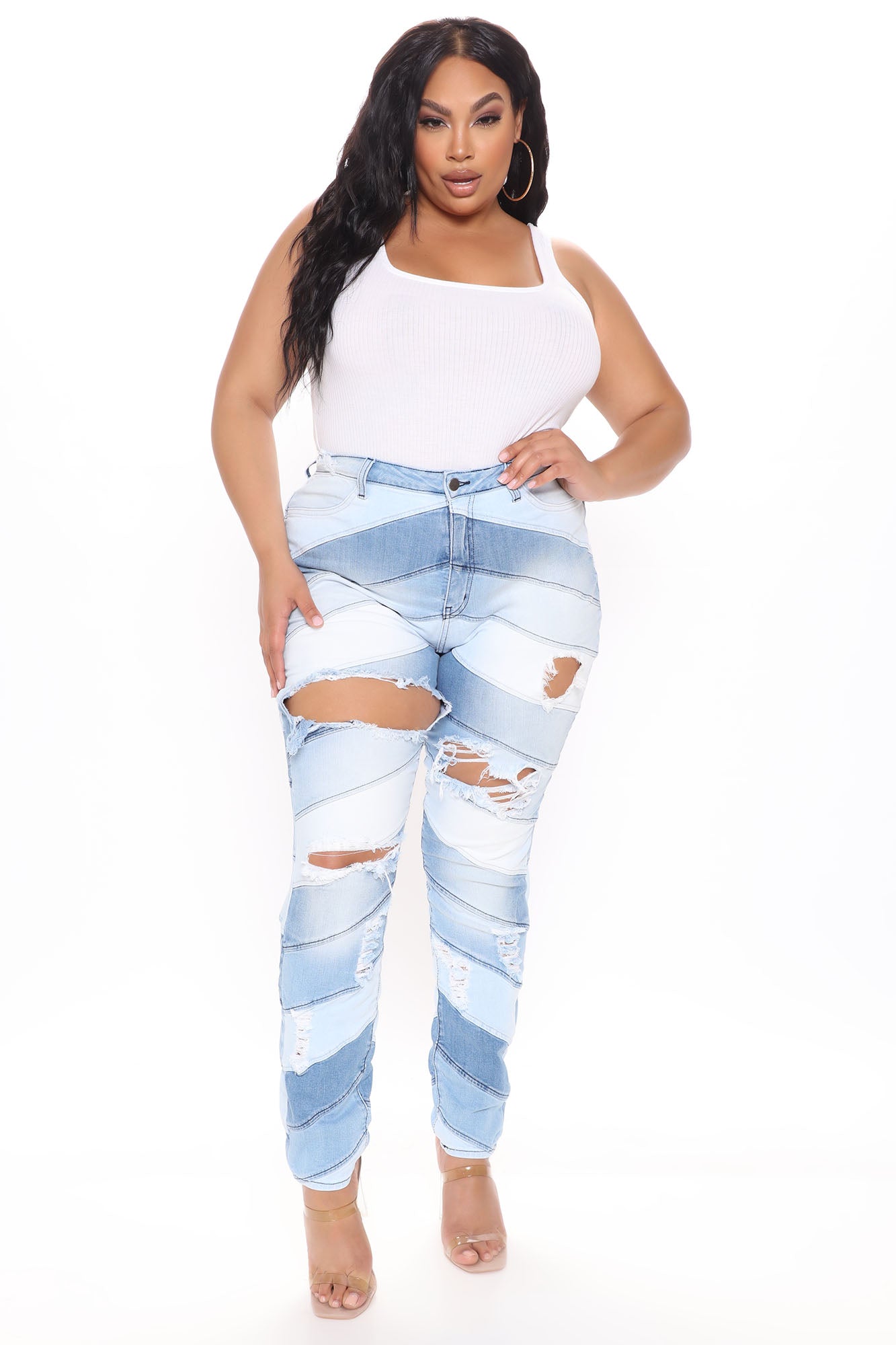 Let's Go To The Moon Patchwork Skinny Jeans - Light Blue Wash – VP Clothes