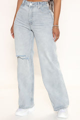 Loose And Easy High Waist Ripped Straight Leg Jeans - Light Blue Wash