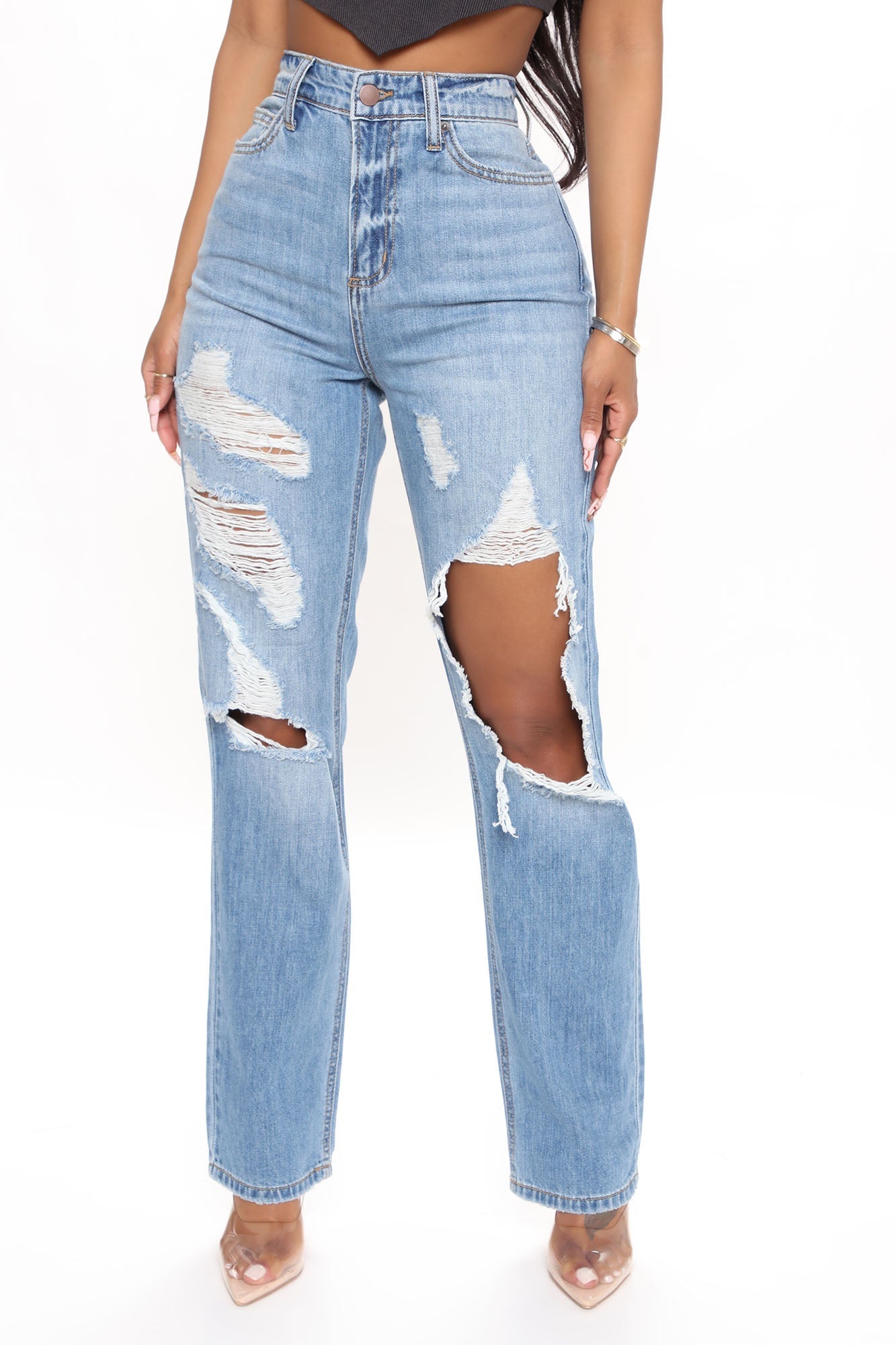 Can't Tell You Non Stretch Destroyed Jeans - Medium Blue Wash