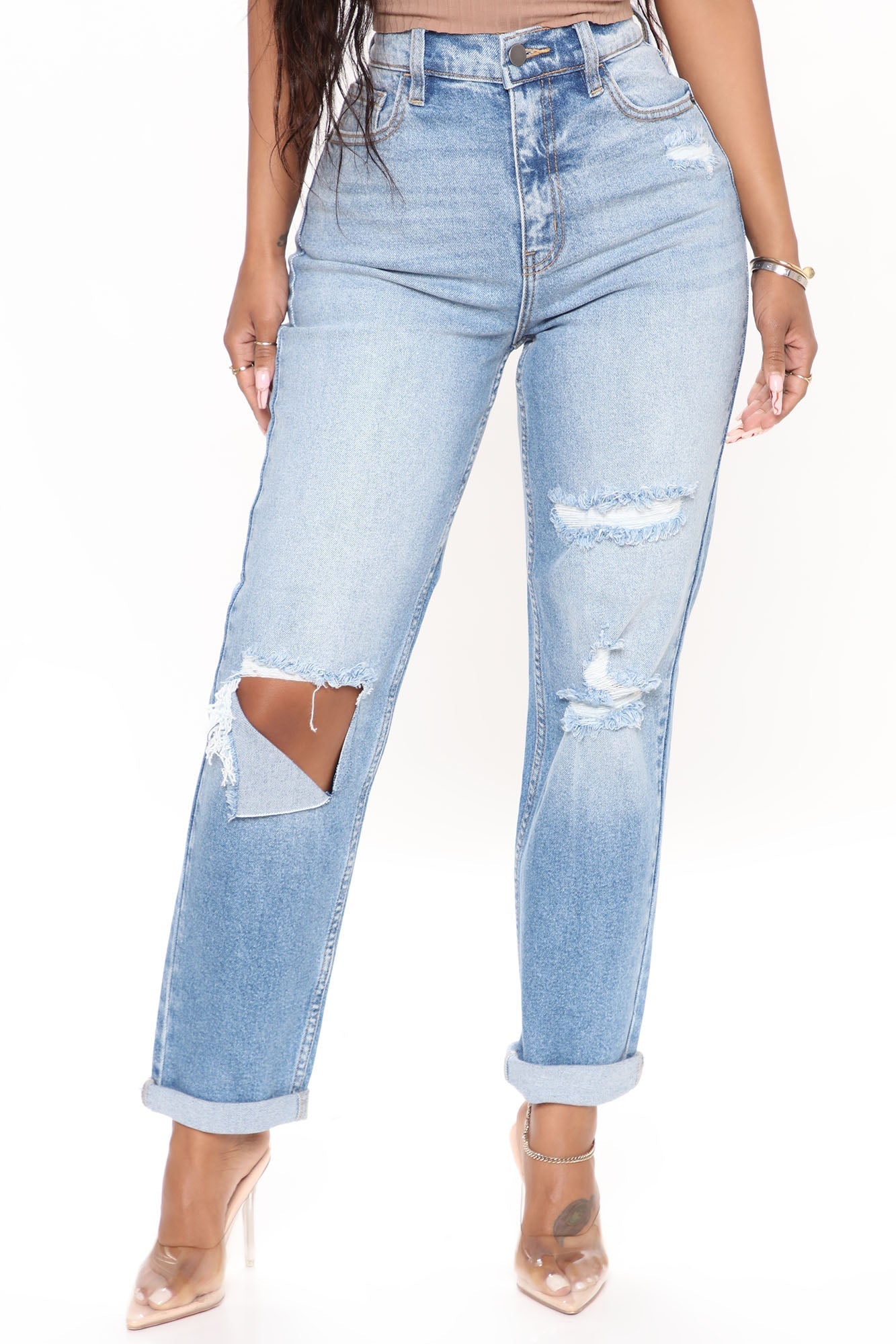Classic Tapered Ripped Mom Jeans - Medium Blue Wash