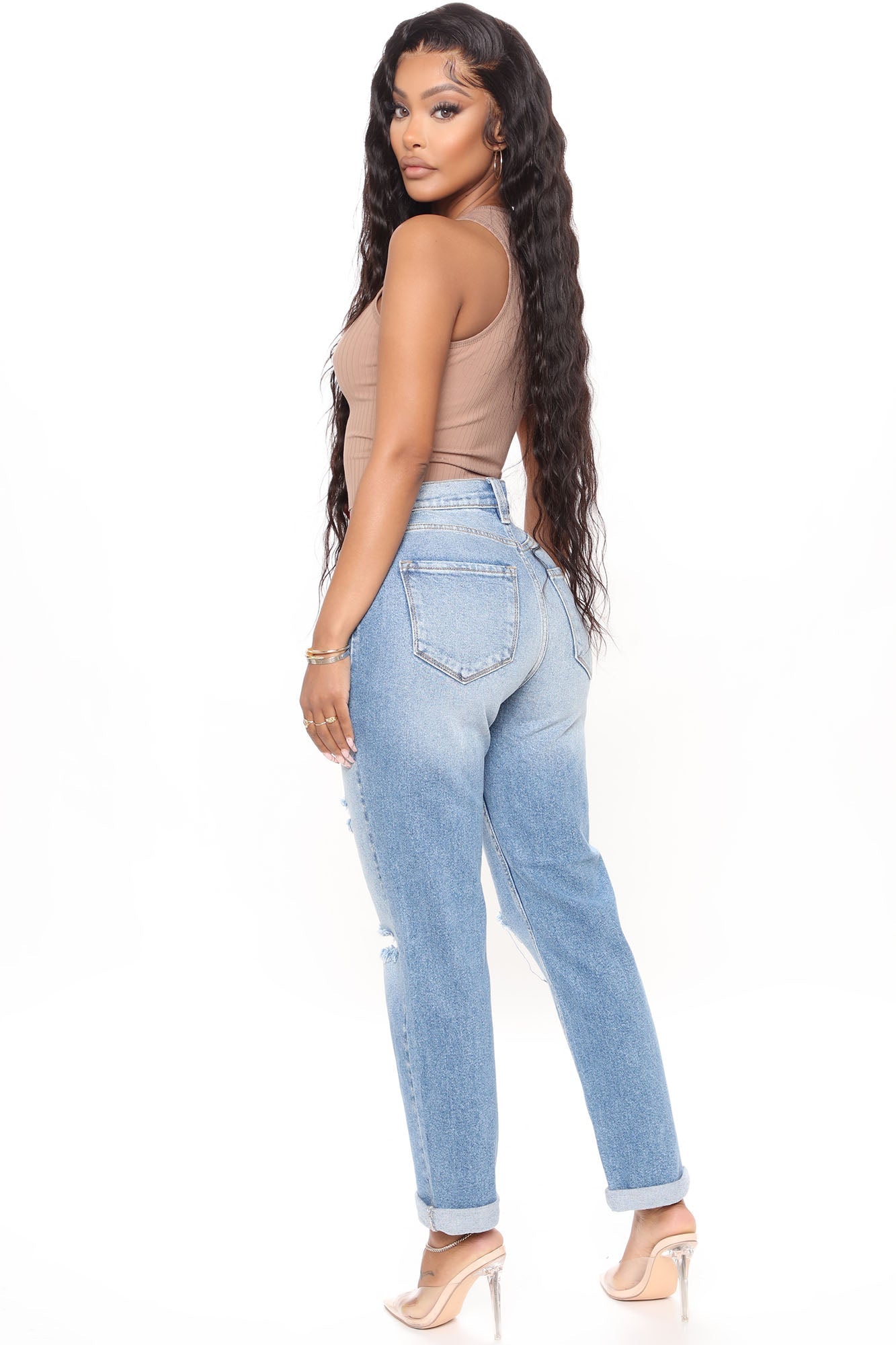 Classic Tapered Ripped Mom Jeans - Medium Blue Wash
