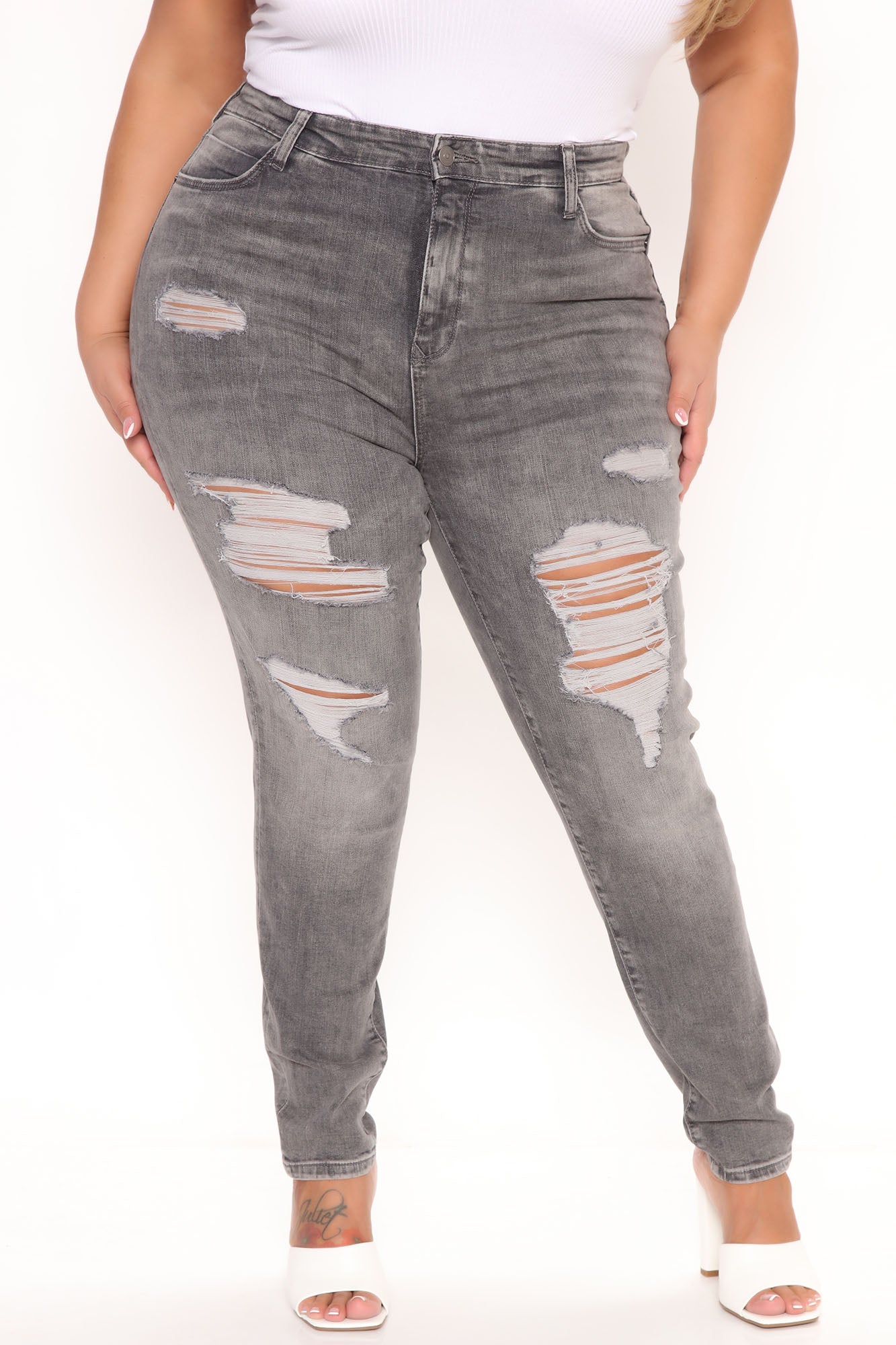 Never The Same Ripped High Rise Skinny Jeans - Grey