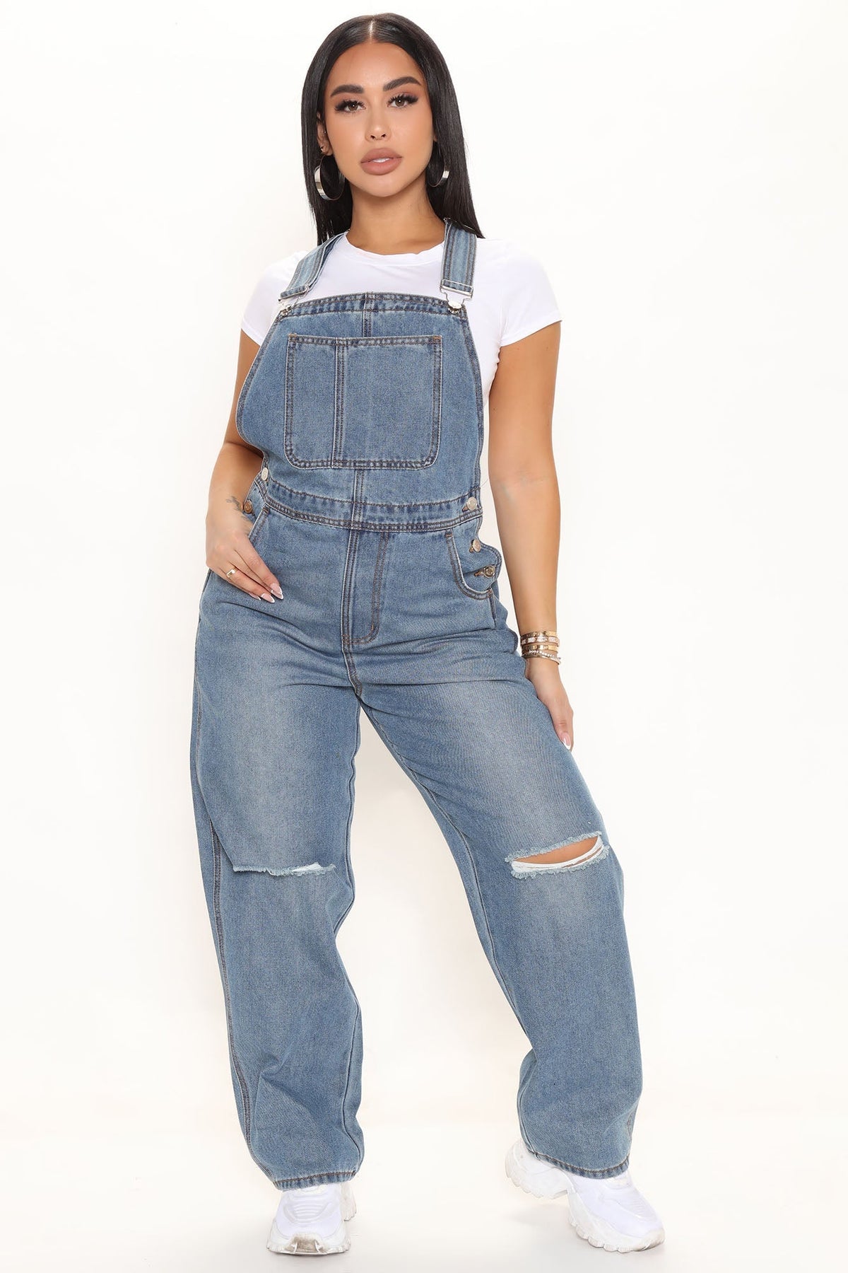 Loose Fit Recycled Denim Overalls - Medium Blue Wash