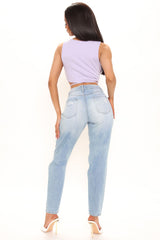 A Shredded Babe Non Stretch Straight Leg Jeans - Light Blue Wash