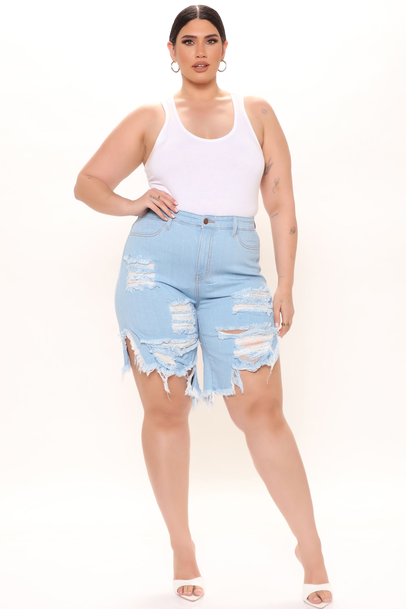 Can't Help But Show Distressed Bermuda Shorts - Light Blue Wash