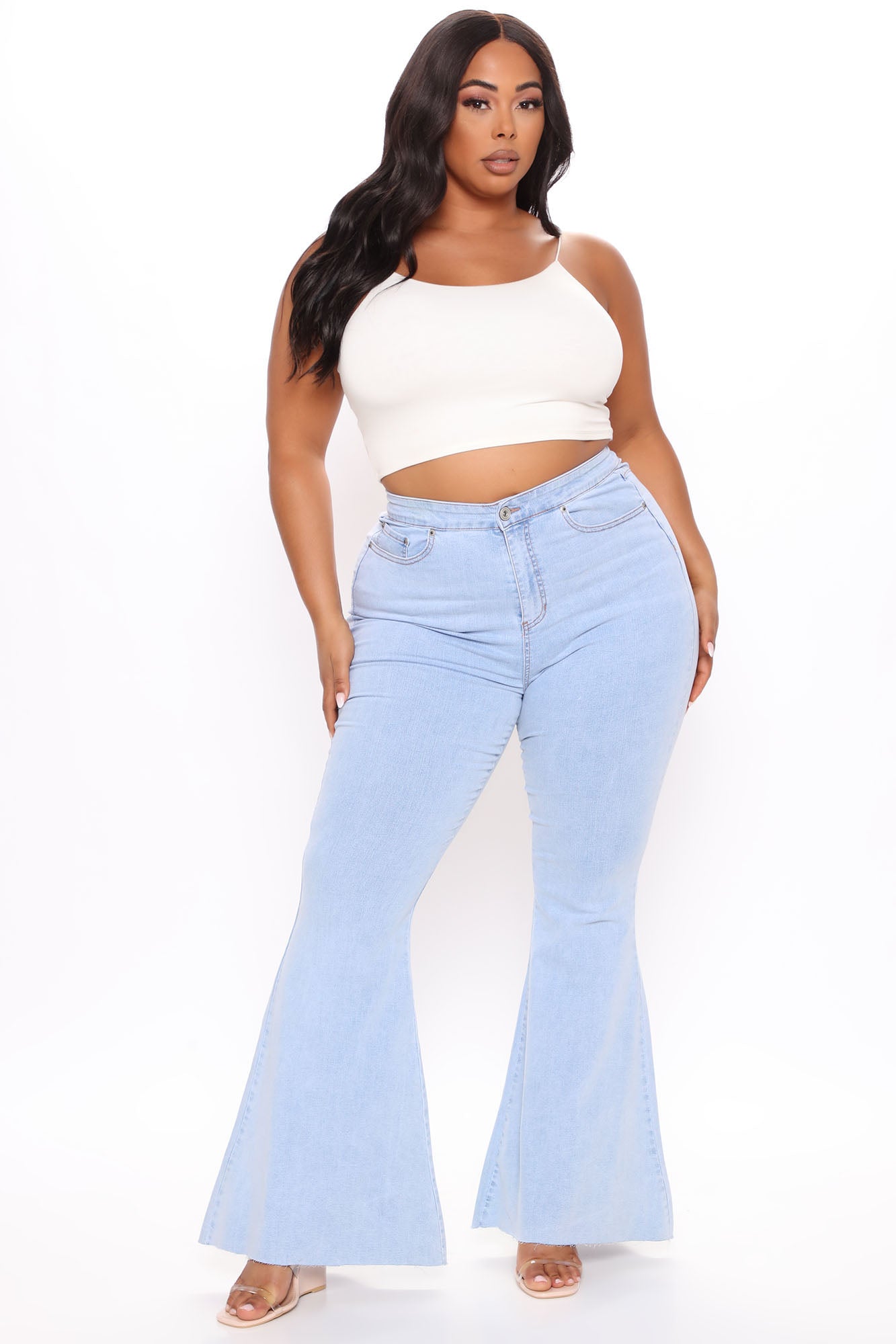 Feelin' Good Lace Up Stretch Flare Jeans - Light Blue Wash