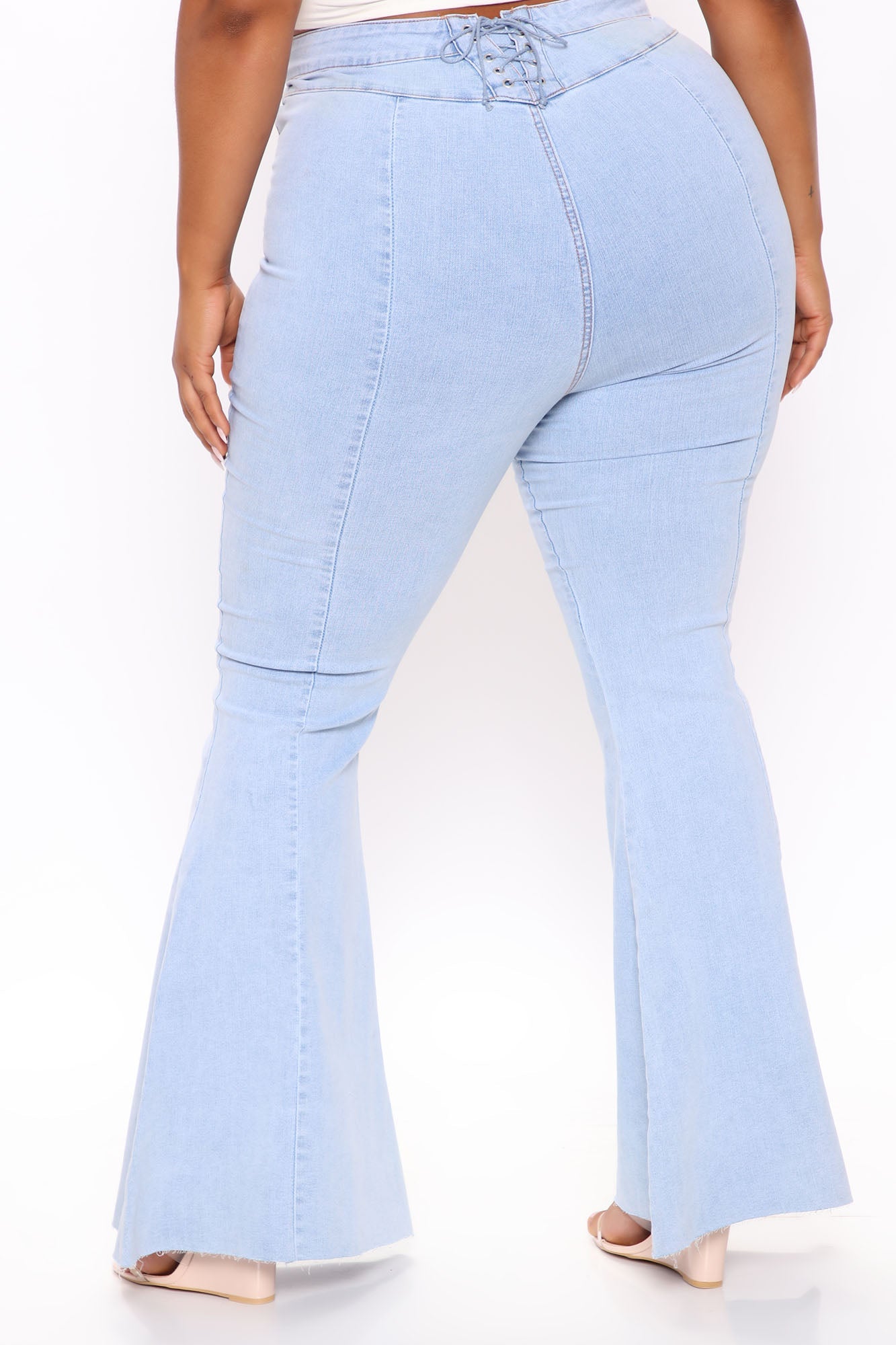 Feelin' Good Lace Up Stretch Flare Jeans - Light Blue Wash