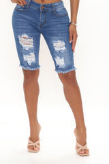City Slicker Distressed Denim Bermuda Shorts - Medium Blue Wash