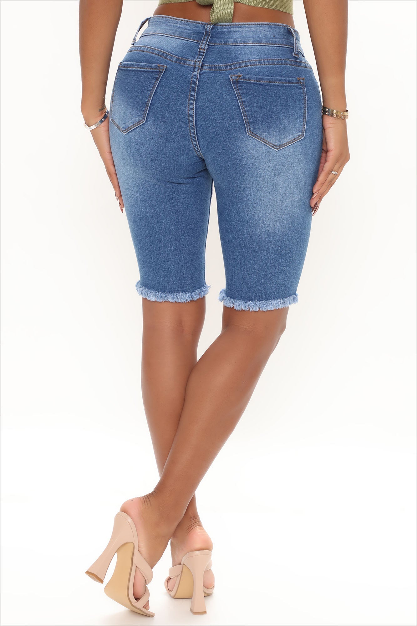 City Slicker Distressed Denim Bermuda Shorts - Medium Blue Wash