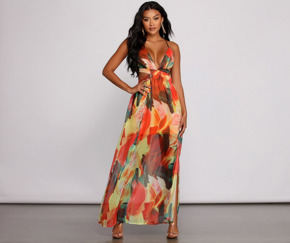 Brighter Vibes Lace-Up Chiffon Maxi Dress