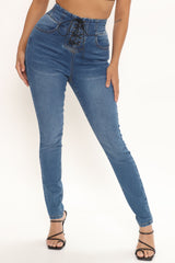 Lace Up To It Stretch Skinny Jeans - Medium Blue Wash
