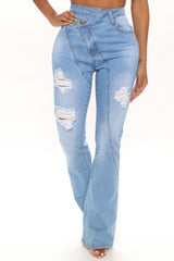 Catch Up Crossover Ripped Flare Jeans - Medium Blue Wash