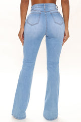 Catch Up Crossover Ripped Flare Jeans - Medium Blue Wash