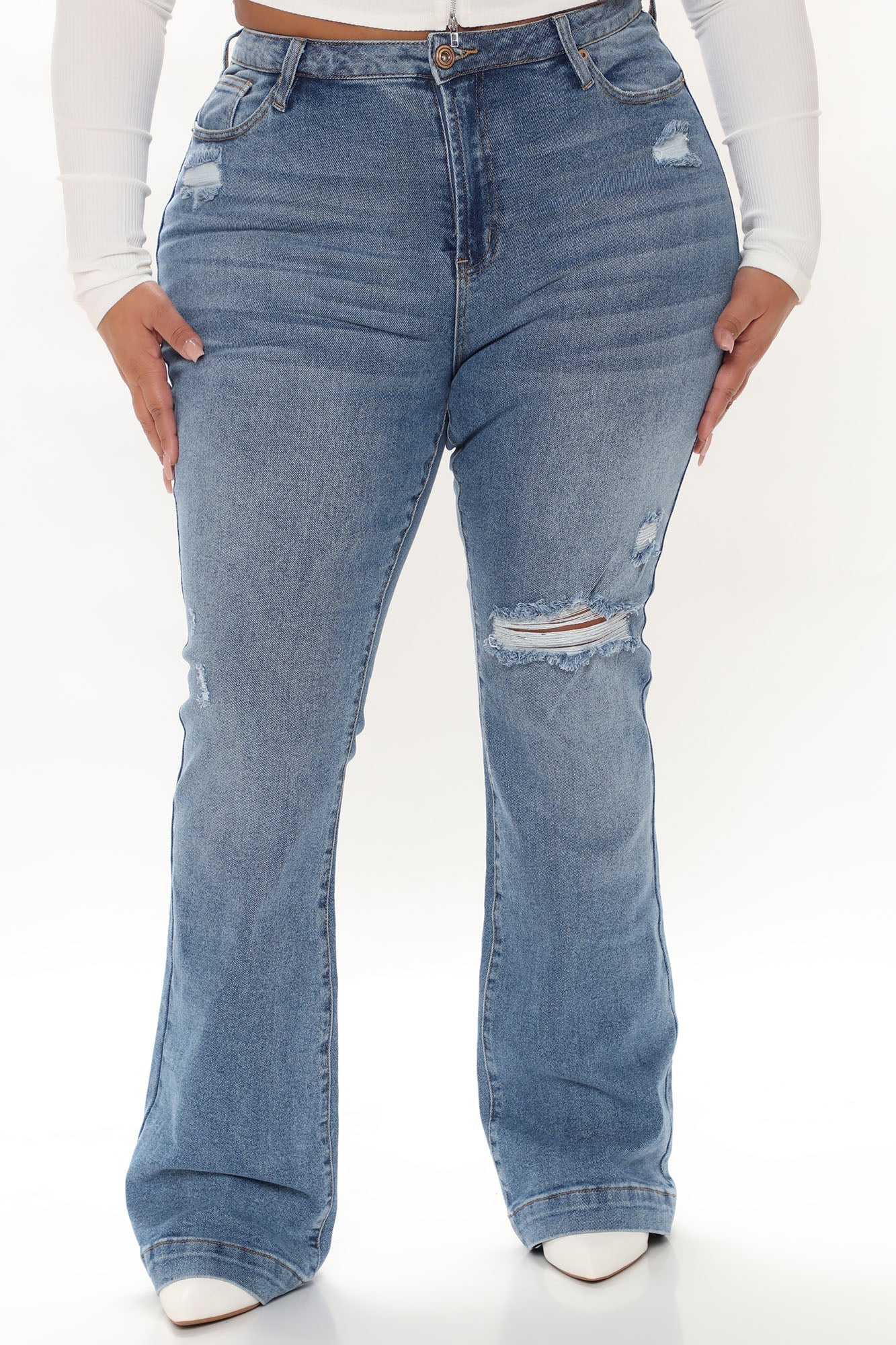 Only One For Me Distressed Bootcut Jeans - Medium Blue Wash