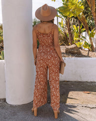 Indiana Pocketed Floral Smocked Jumpsuit - Rust