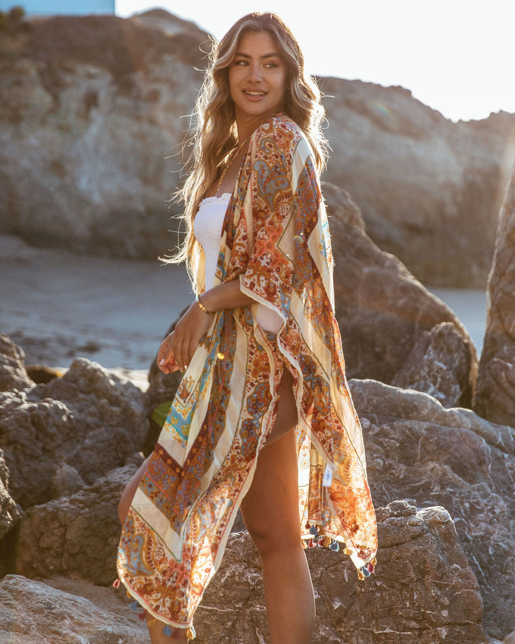 Noelle Cotton Tassel Kimono - Cream Multi