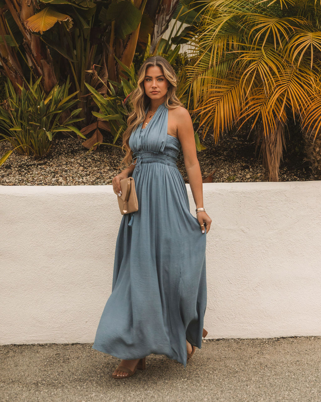 Iyan Smocked Halter Maxi Dress - Light Blue