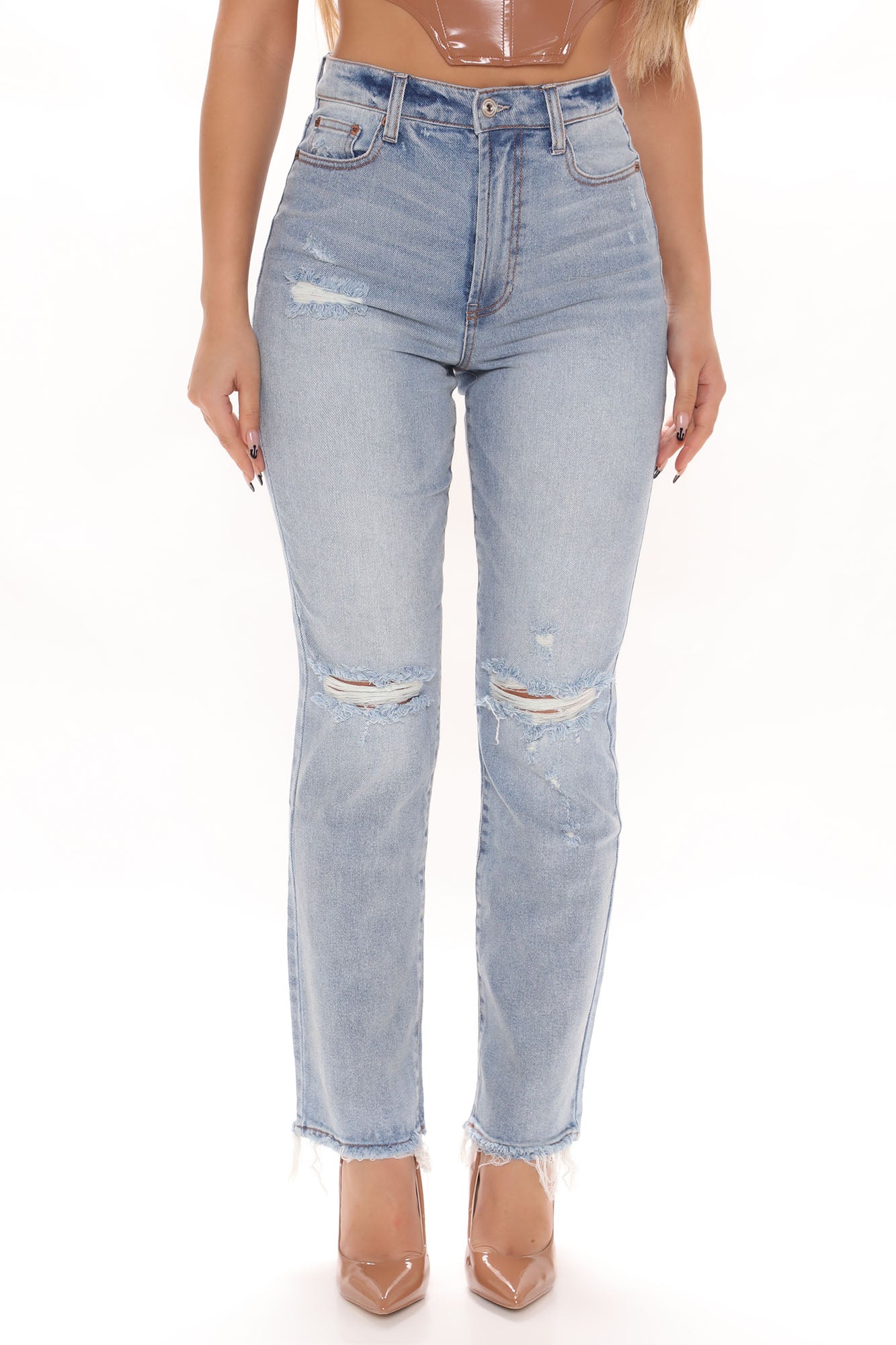 Get Your Facts Straight Distressed Jeans - Light Blue Wash