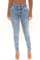 Can't Compete Mid Rise Skinny Jeans - Medium Wash
