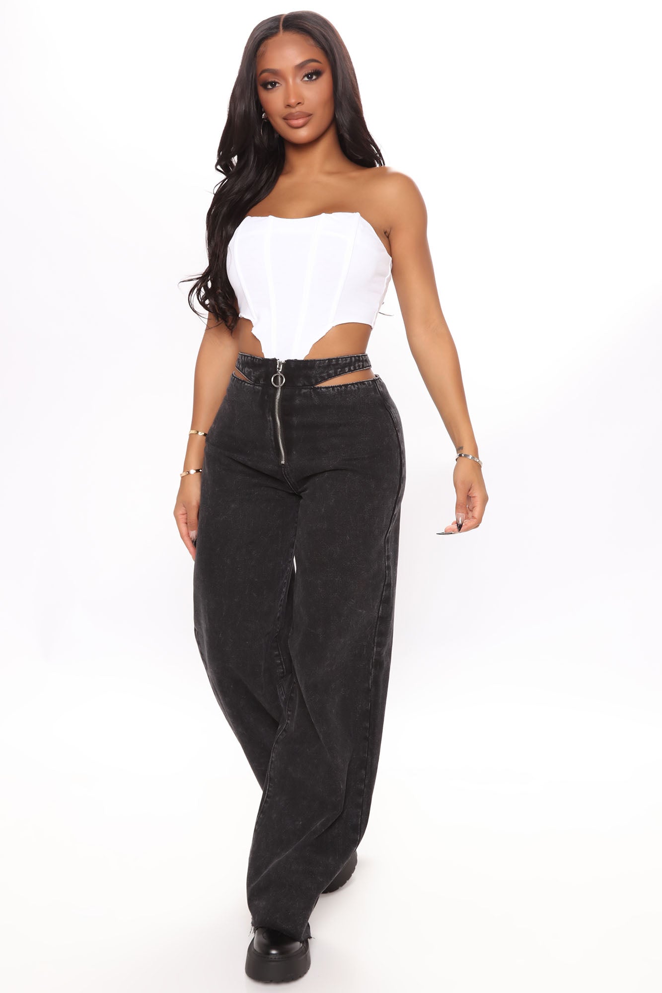 Caught Your Attention Cut Out Wide Leg Jeans - Black