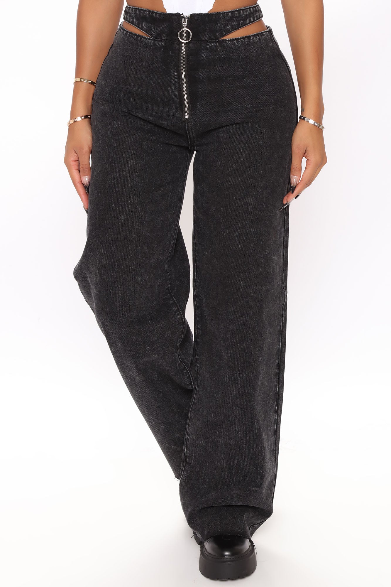 Caught Your Attention Cut Out Wide Leg Jeans - Black