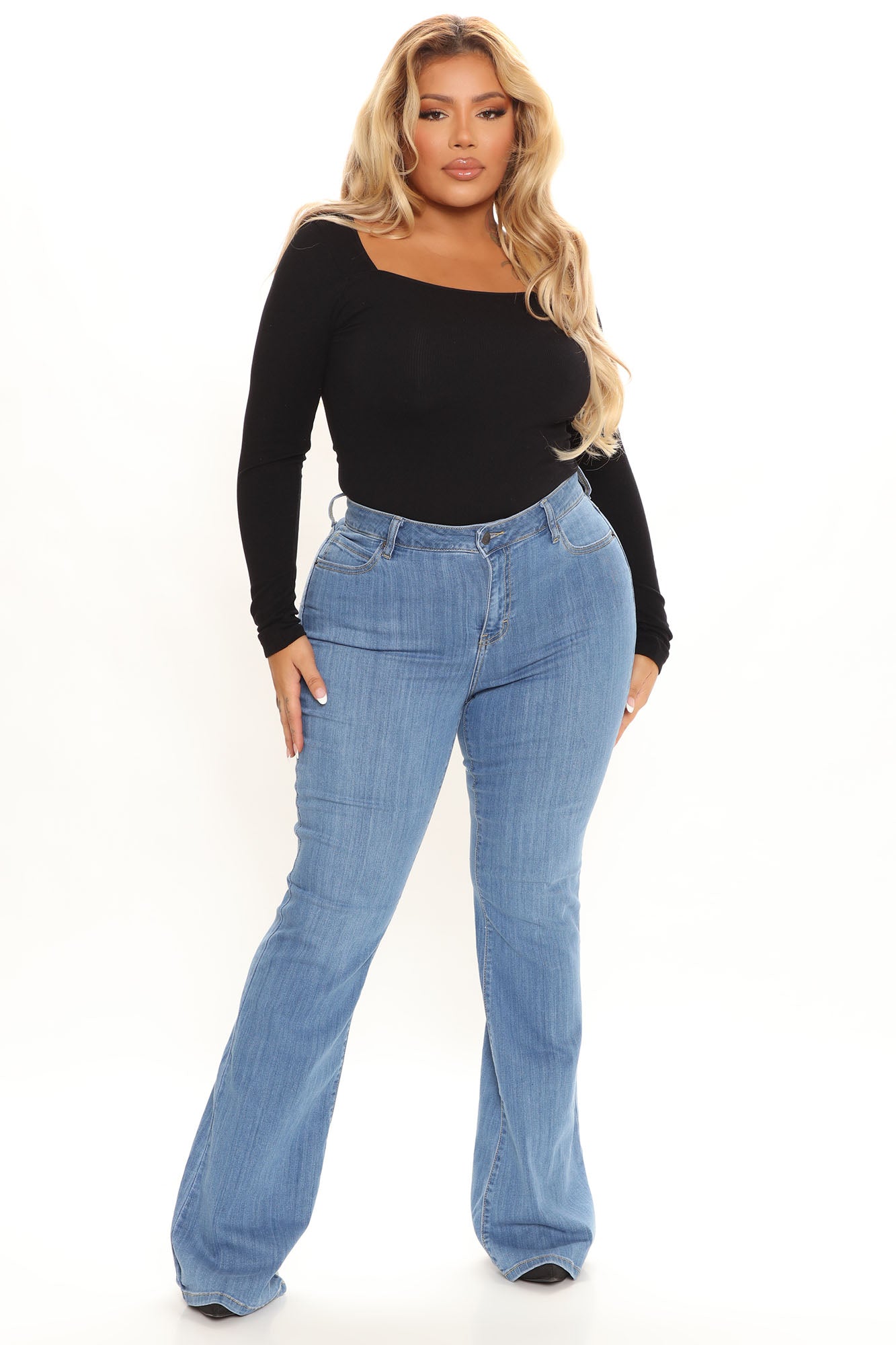Peace And Love Low Rise Flare Jeans - Medium Blue Wash