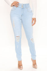 On Edge Ripped Skinny Jeans - Light Blue Wash