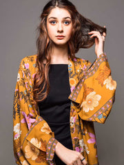 Short Kimono With Floral Print Yellow Color Cotton Viscose Short Length Gown Kimono Duster Robe