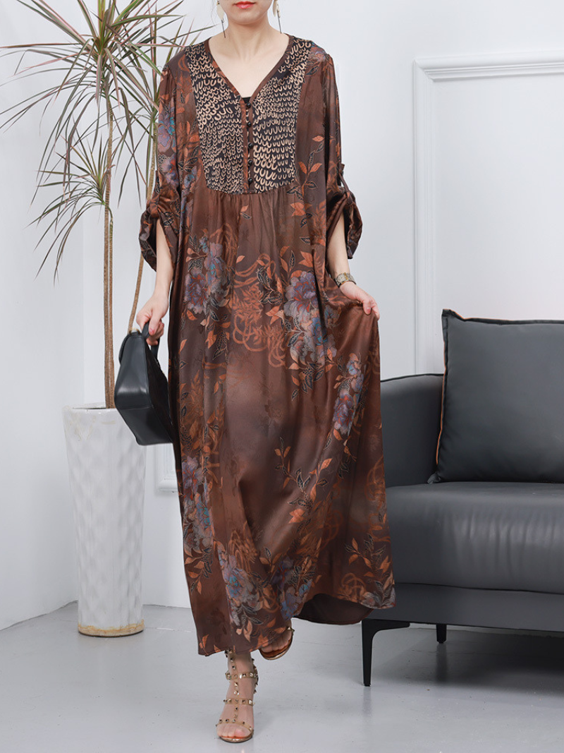 Women Retro Style Loose Printed Long Sleeves A-Line Dress
