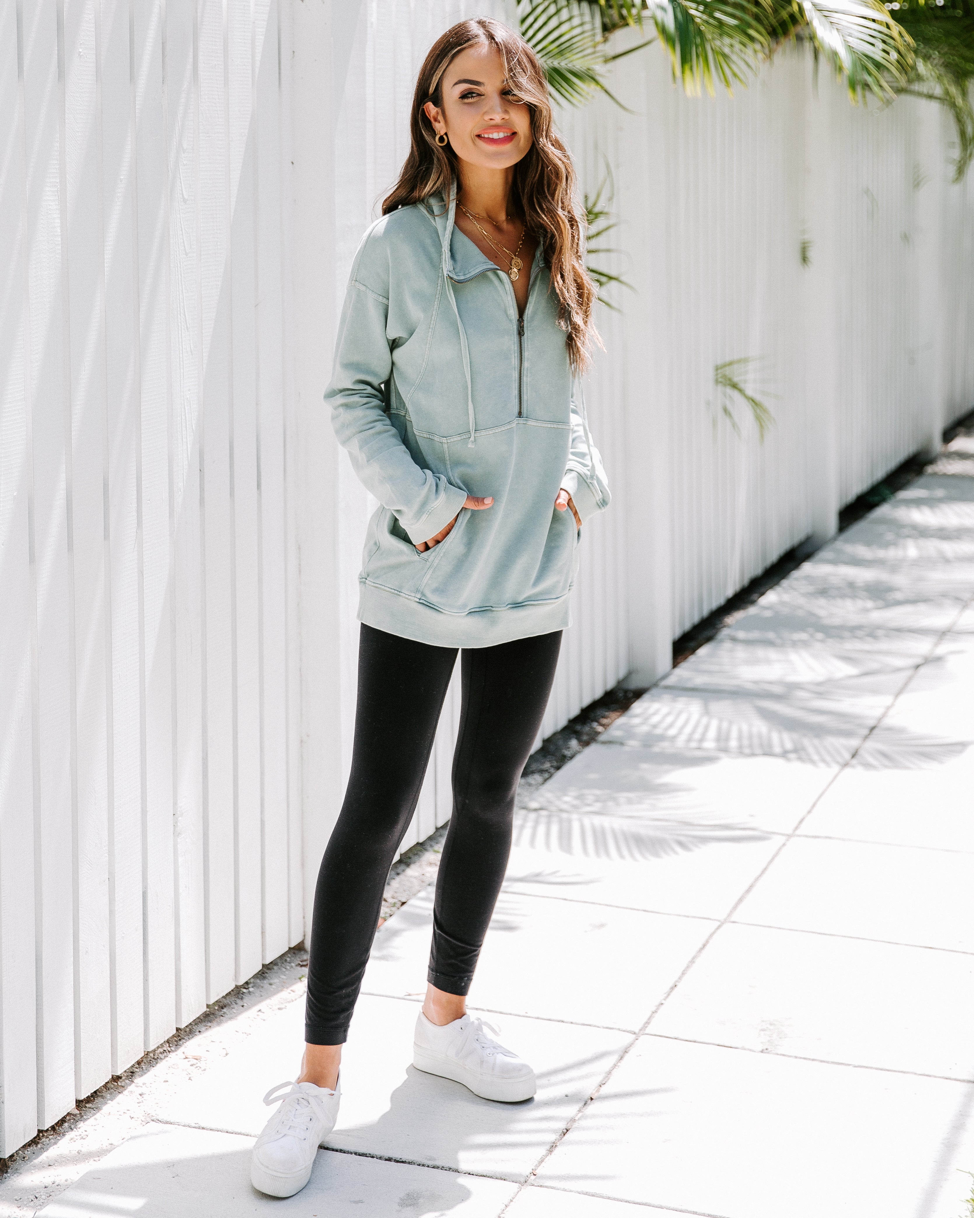 Long Weekend Cotton Pocketed Half Zip Pullover - Mint