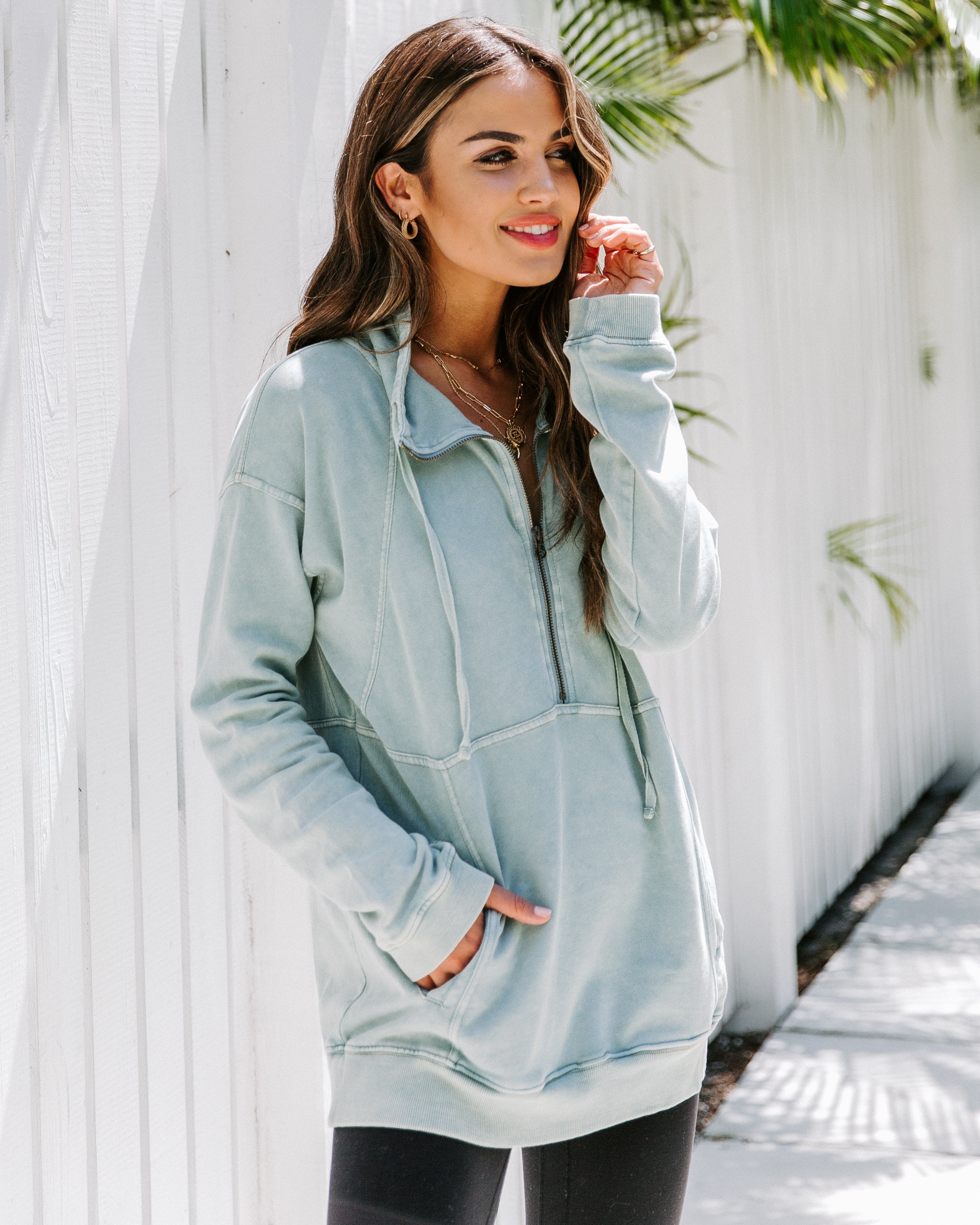 Long Weekend Cotton Pocketed Half Zip Pullover - Mint