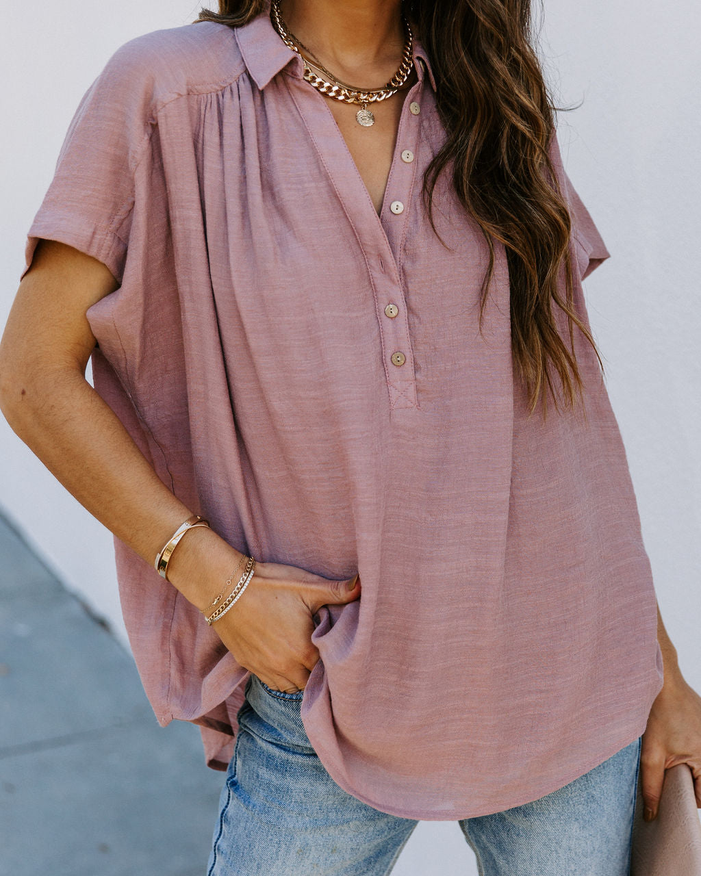 Chance Collared Woven Top - Mauve