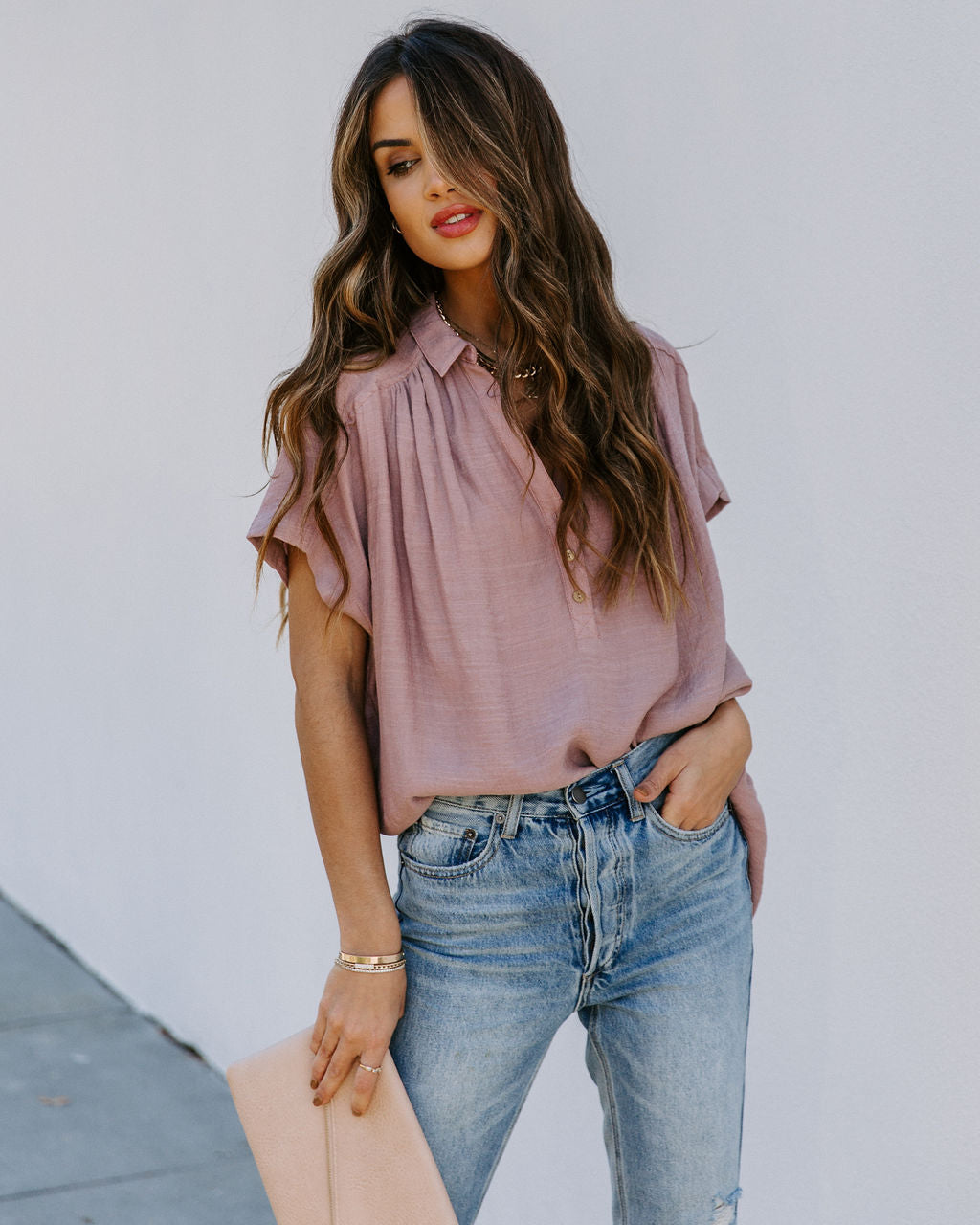 Chance Collared Woven Top - Mauve