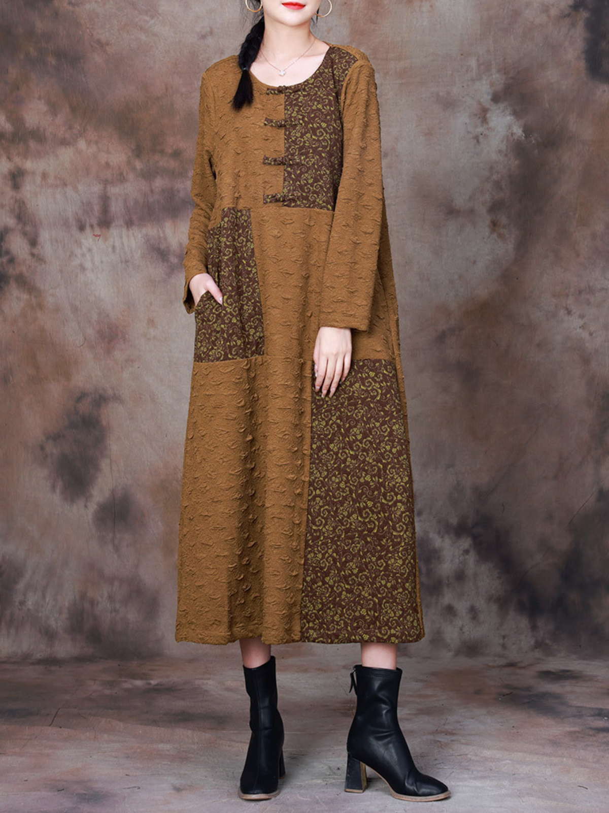 Versatile Autumn Printed Side Pockets Midi Dress