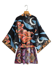 Floral Print Multicolor Polyester Gown Kimono Duster Robe