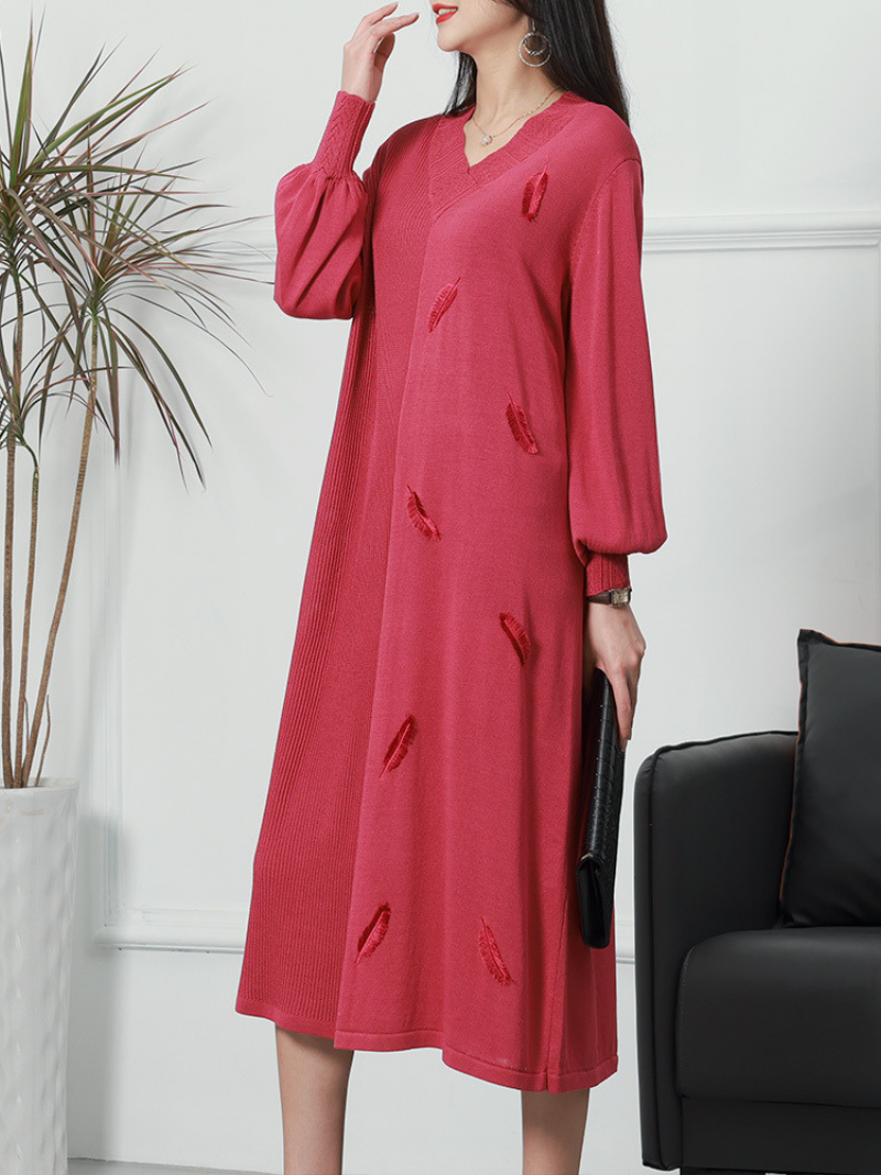 Pride and Prejudice Puff Sleeves V-neck knitted Midi-Dress