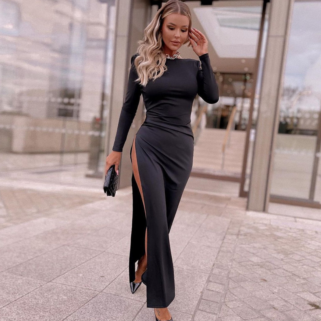 Round Neck Long Sleeve Cut Out Maxi Bodycon Dress