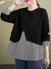 Spring Striped Splicing Fake Two Piece Plus-Size Sweater Top