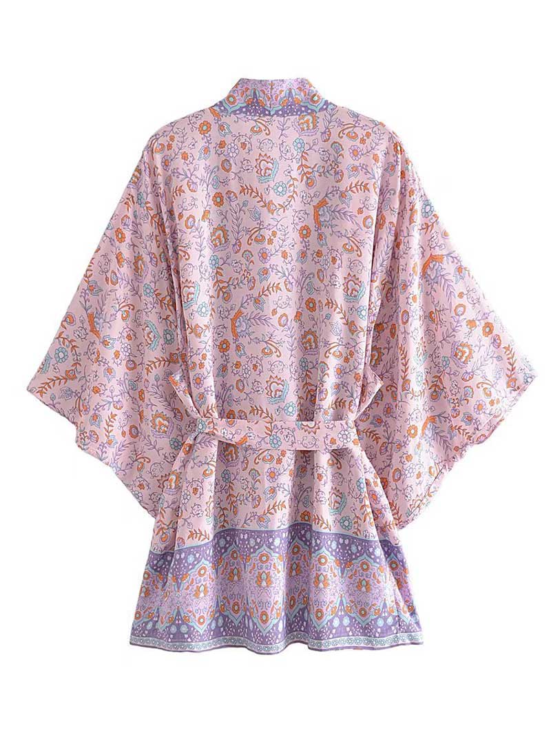 Short Floral Print Brown, Purple and Orange Color Cotton Short Length Gown Kimono Duster Robe