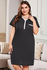 Black V-neck Button Polka Dots Short Sleeve Plus Size Loungewear Dress