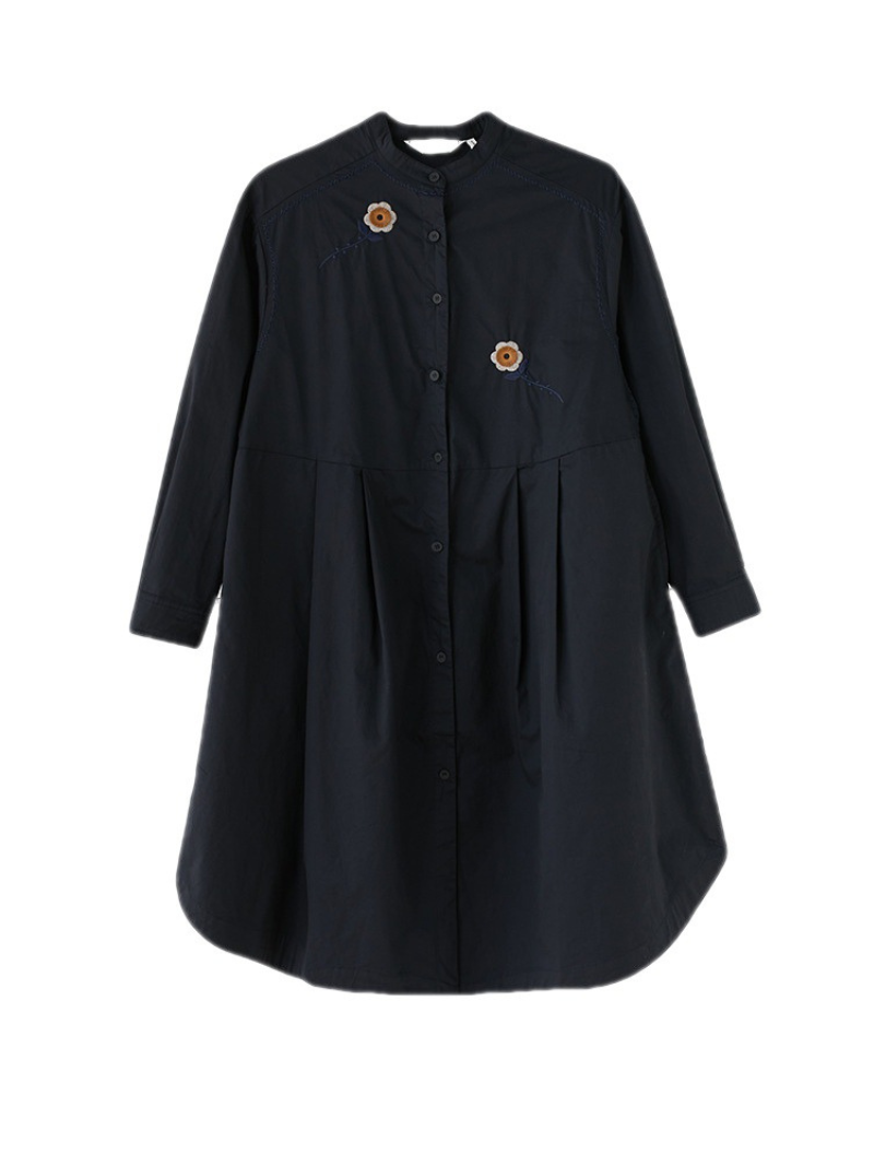 Embroided Loose Stand-Up Collar Shirt Dress