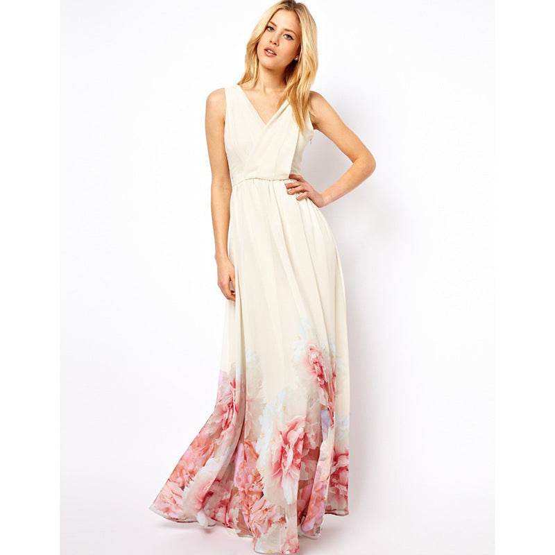 Bohemian Sleeveless Deep V Neck Flower Print Long Dress