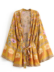 Short Kimono With Floral Print Yellow Color Cotton Viscose Short Length Gown Kimono Duster Robe