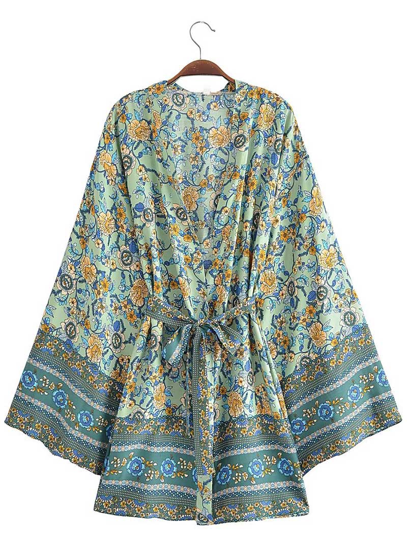 Short Floral Print Purple, Green, & Beige Cotton Short Length Gown Kimono Duster Robe