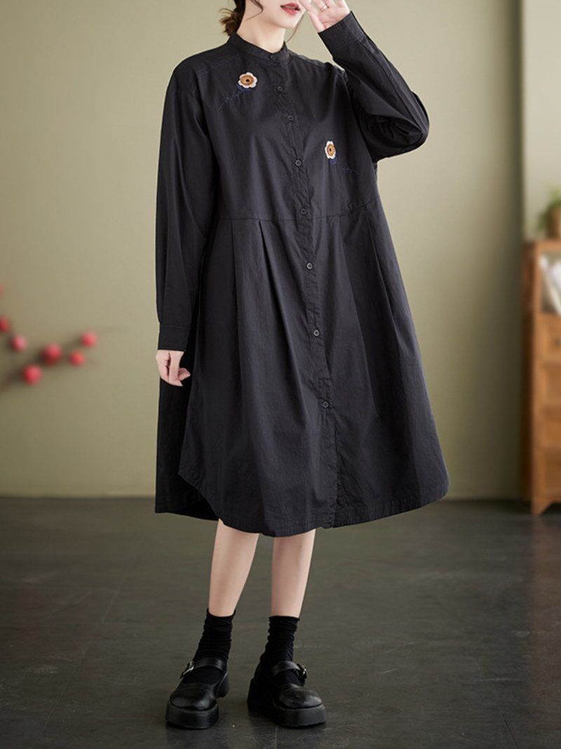 Embroided Loose Stand-Up Collar Shirt Dress