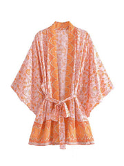 Short Floral Print Brown, Purple and Orange Color Cotton Short Length Gown Kimono Duster Robe
