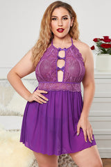 Chic Purple Halter Neck Lace Mesh Backless Plus Size Babydoll